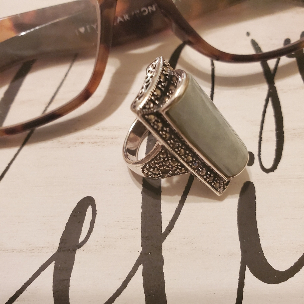 Jade. Marcasite, 925 Silver Statement Ring - image 6